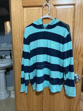 American Eagle Outfitters Men's Long Sleeve Hooded Tee in Aqua and Navy Stripe